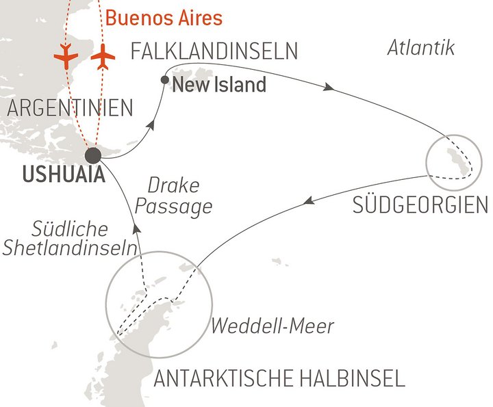 Routenkarte Antarktisexpeditionskreuzfahrt mit Südgeorgien und Falkland