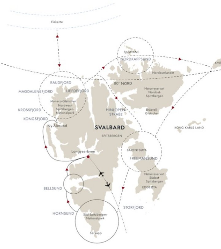 Routenkarte Umrundung von Spitzbergen Routenkarte Umrundung von Spitzbergen