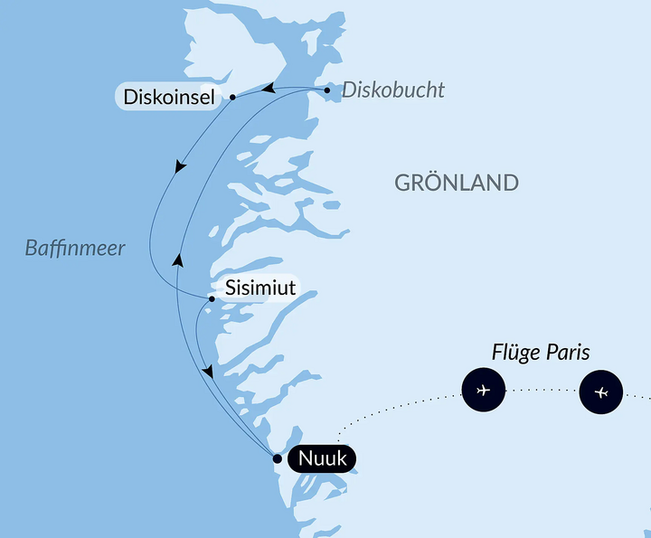 Routenkarte Nordwestküste Grönland