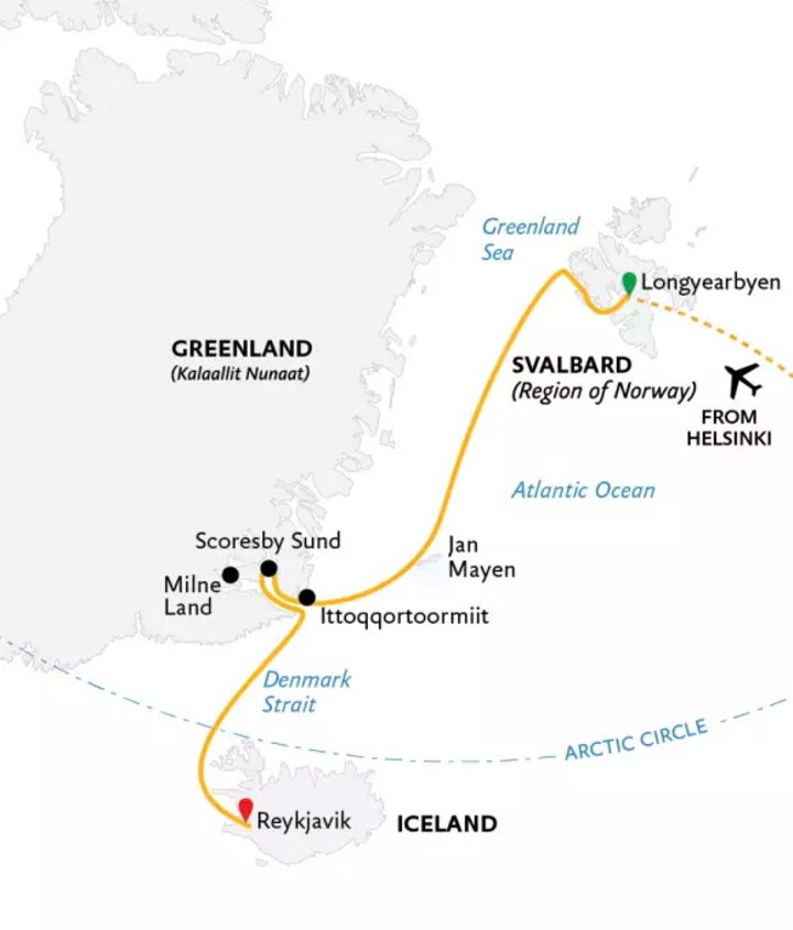 Routenkarte Arktisreise Spitzbergen Jan Mayen Grönland