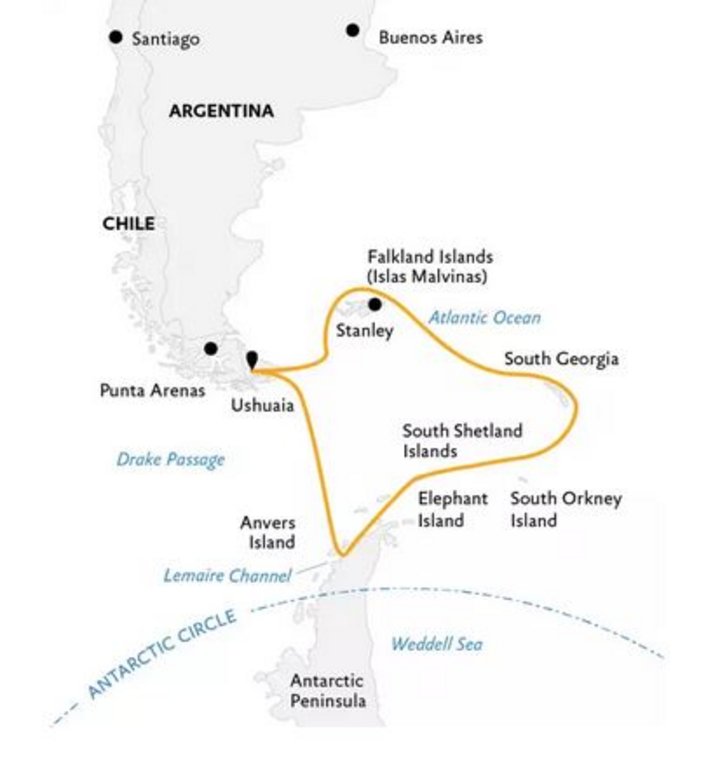 Routenkarte Falkland - Südgeorgien - Antarktis