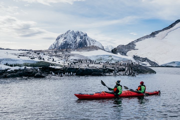 Kajak vor antarktischer Landschaft mit Pinguinen