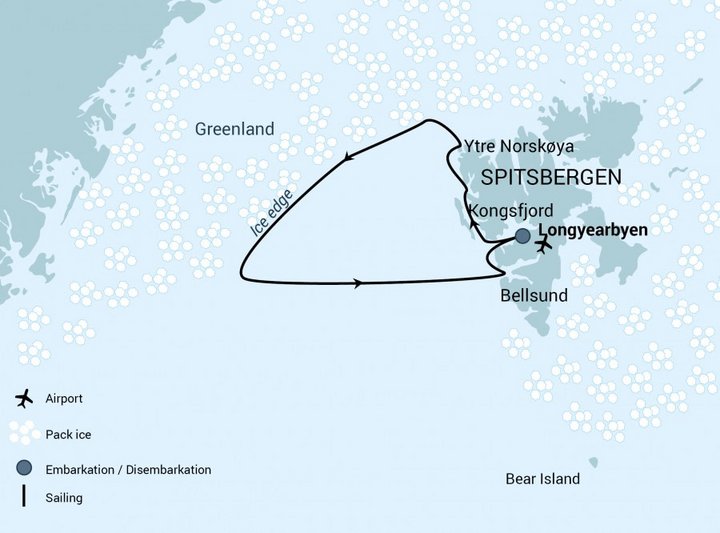 Routenkarte Spitzbergenreise mit Wal- und Eisbärsuche