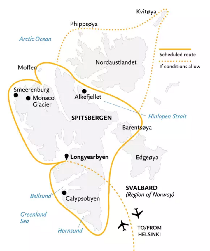 Routenkarte Umrundung von Spitzbergen mit Quark Expeditions