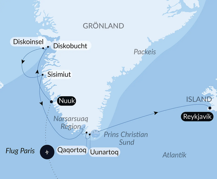 Routenkarte Grönland und Diskobucht