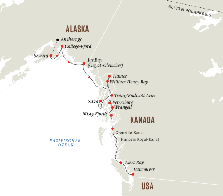 Routenkarte Kreuzfahrt Roald Amundsen Alaska - Inside Passage