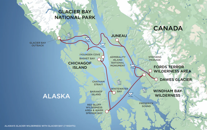 Routenkarte Jachtkreuzfahrt Alaska ab Juneau