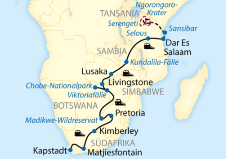 Routenkarte Dar Es Salaam-Kapstadt Routenkarte Dar Es Salaam-Kapstadt