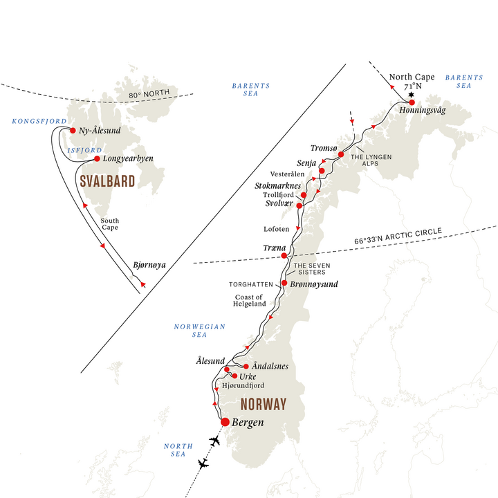 Routenkarte Bergen - Spitzbergen Linie von Hurtigruten