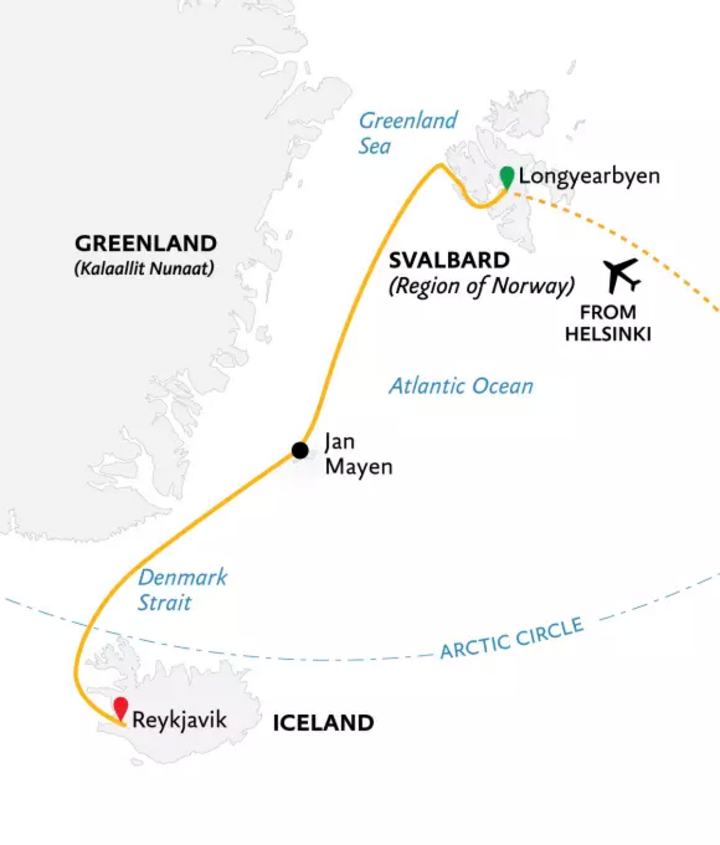 Routenkarte Reise Spitzbergen - Jan Mayen - Island