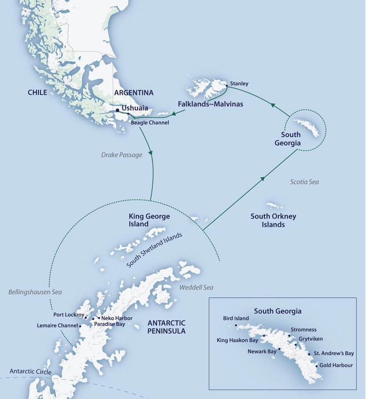 Routenkarte Antarktiskreuzfahrt mit Südgeorgien und Falkland