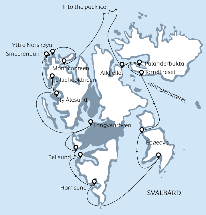 Routenkarte Umrundung von Spitzbergen mit Ocean Albatros