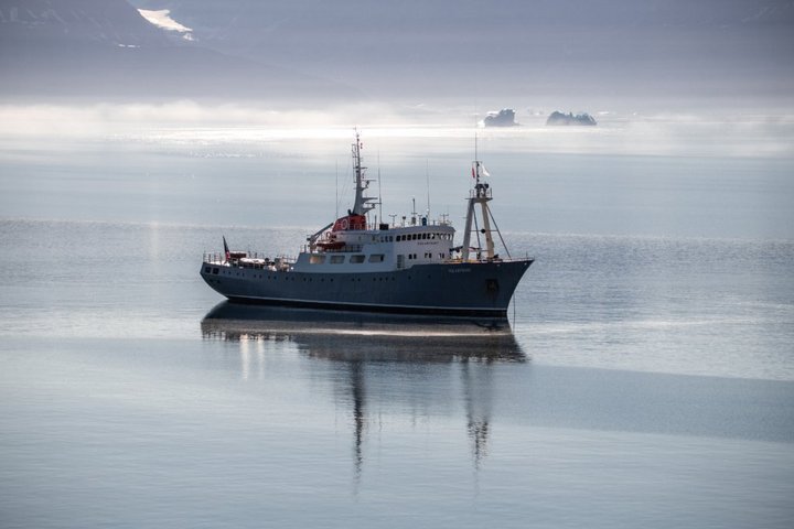 Expeditionsschiff Polarfront zwischen Eisbergen