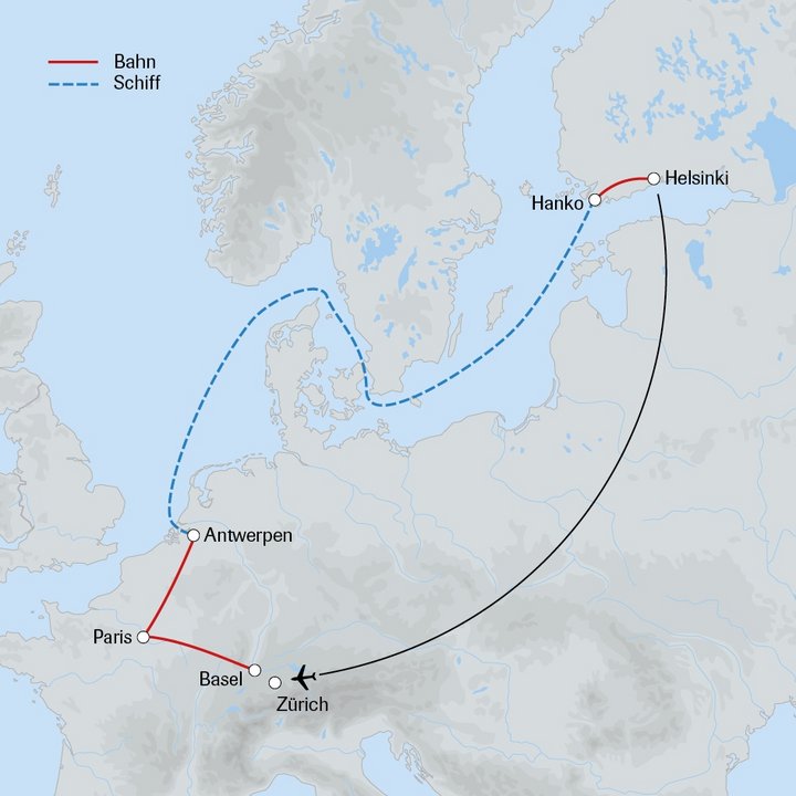 Routenkarte mit Bahn und Frachtschiff nach Finnland