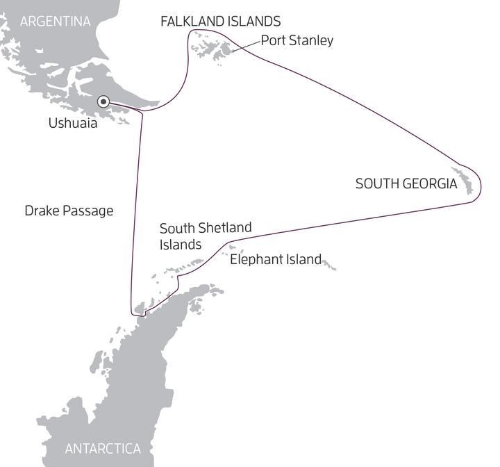 Routenkarte grosse Antarktisreise Routenkarte Antarktisreise mit Falkland und Südgeorgien