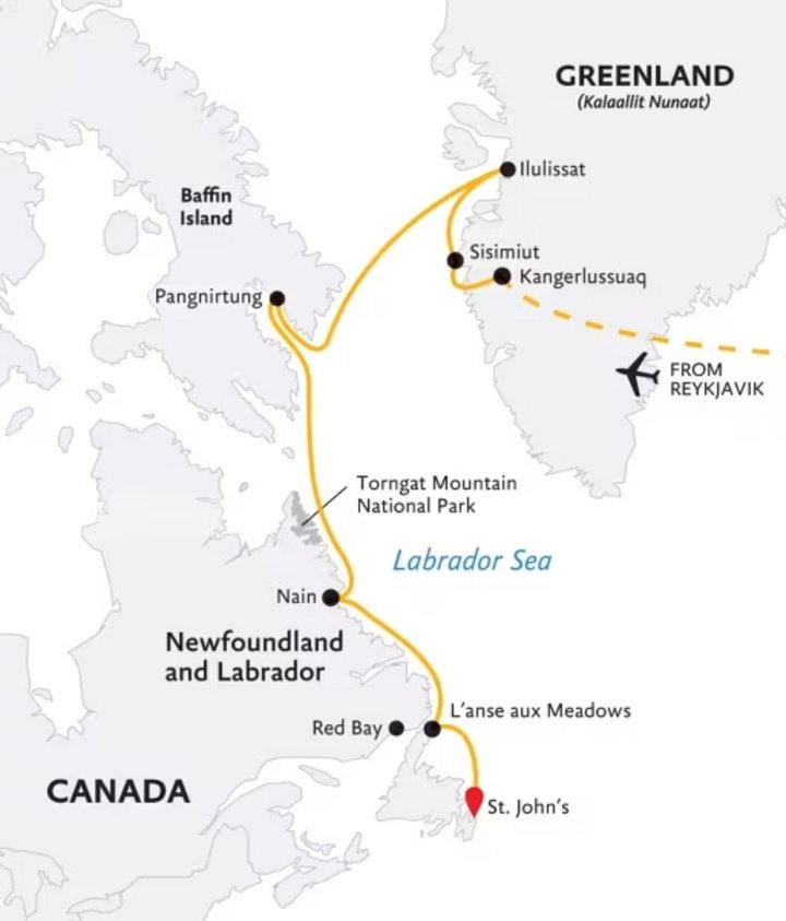 Routenkarte Grönland nach Neufundland