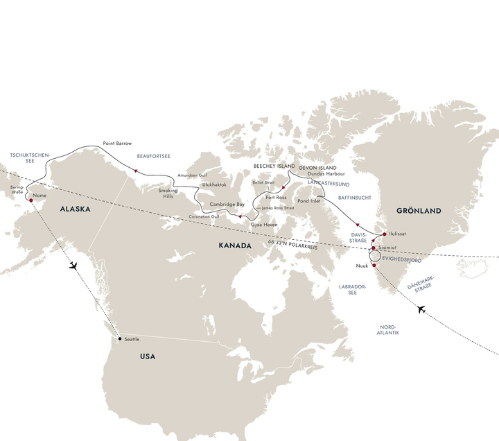 Routenkarte Grönland bis Alaska