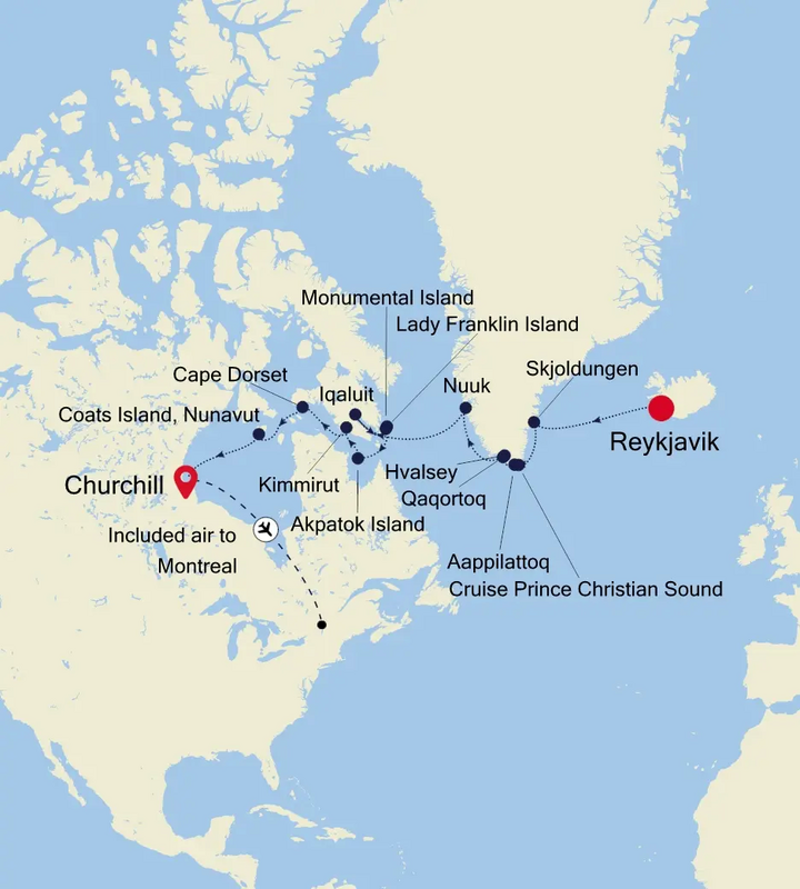Routenkarte Grönland-Hudson-Bay-Reise Silver Endeavour