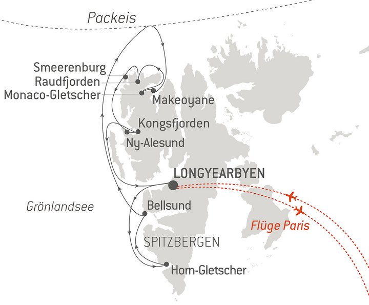 Routenkarte Spitzbergen Kreuzfahrt mit Le Boreal