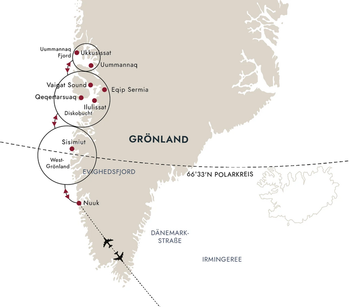 Routenkarte Grönland Kreuzfahrt Westküste mit Diskobucht Routenkarte Grönland Kreuzfahrt Westküste mit Diskobucht
