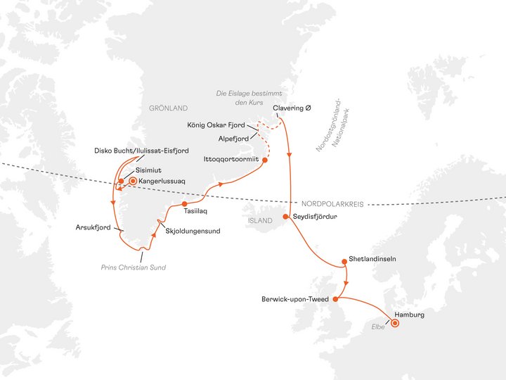 Routenkarte West- und Ostgrönland