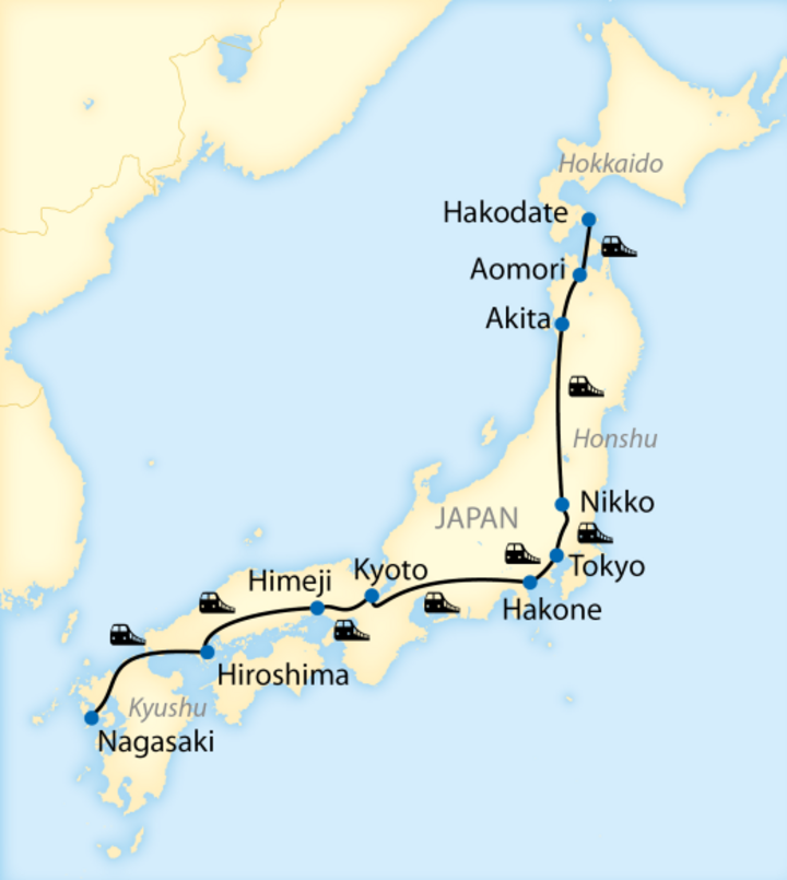 Routenkarte Japan-Zugreise von Nord nach Süd Routenkarte Japan-Zugreise von Nord nach Süd