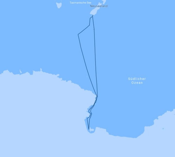 Routenkarte Antarktisreise ab Neuseeland 