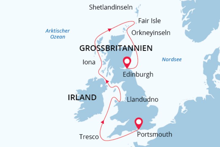 Routenkarte Reise Sea Spirit in Grossbritannien