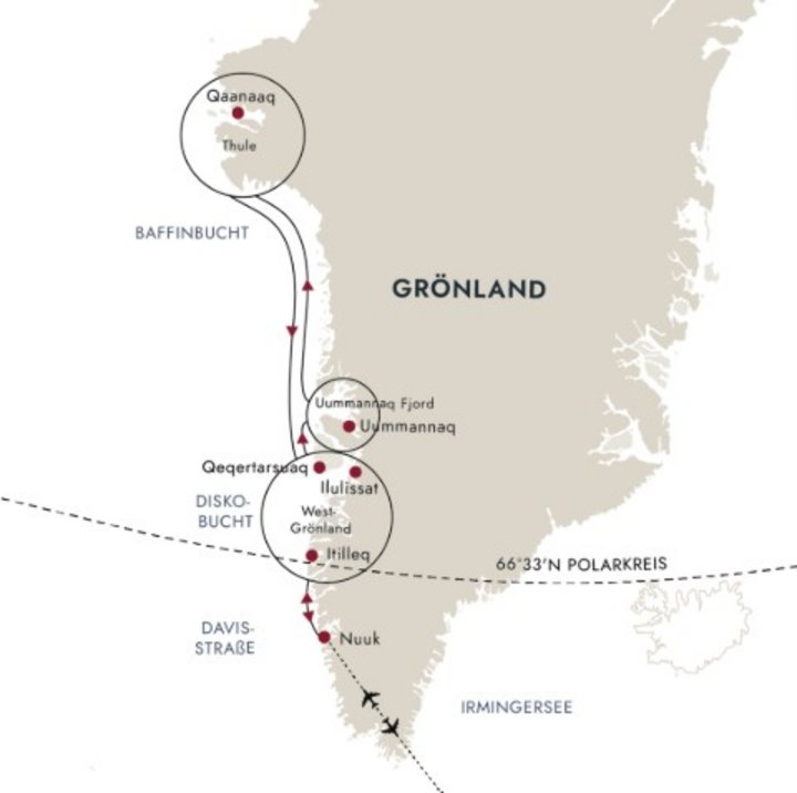 Routenkarte Grosse Grönland-Seereise