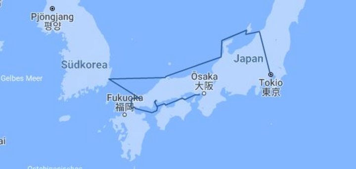 Routenkarte Japanreise mit Heritage Adventurer