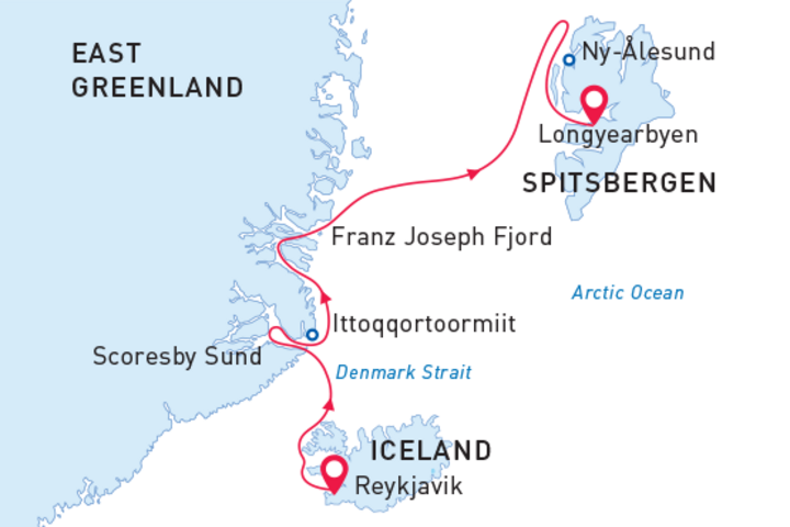 Routenkarte Island - Grönland - Spitzbergen von Poseidon Expeditions