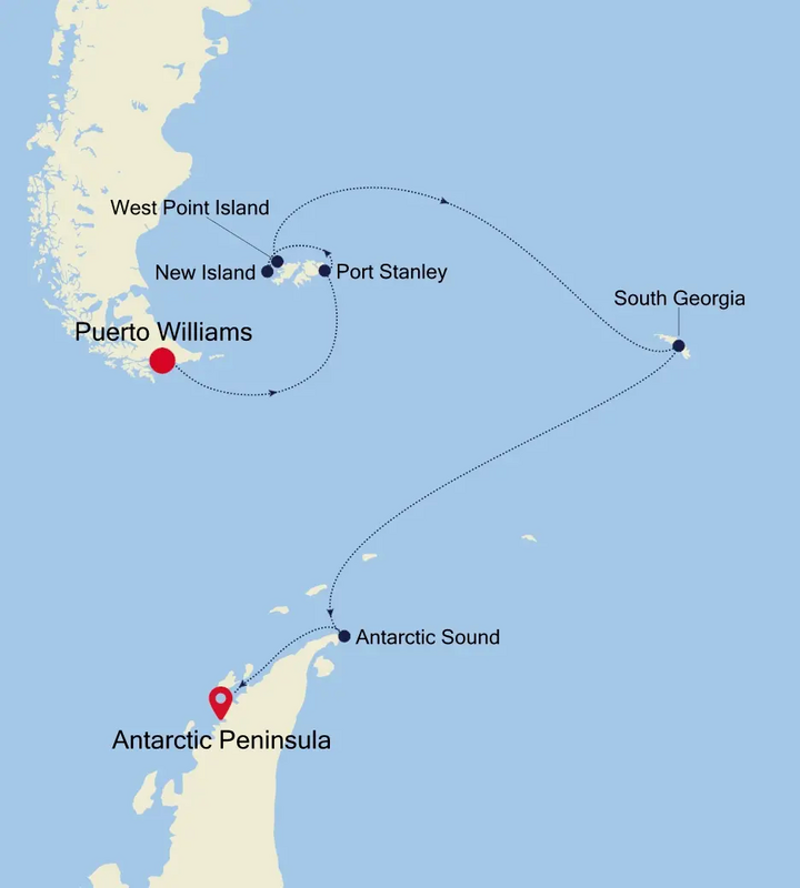 Routenkarte Silversea-Reise mit Flug über die Drake Passage