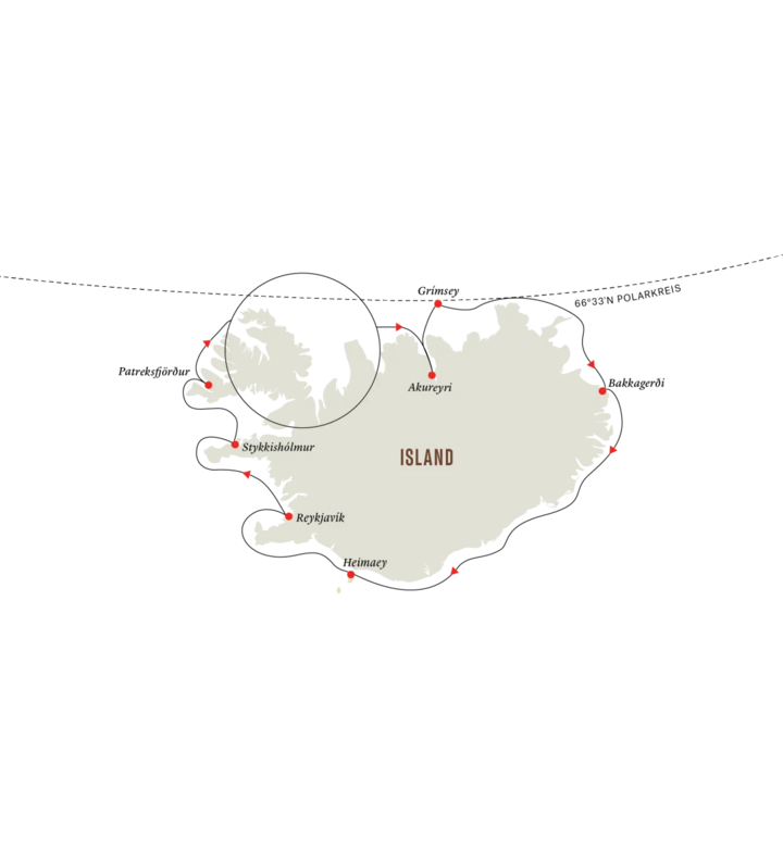 Routenkarte Rund um Island mit Hurtigruten