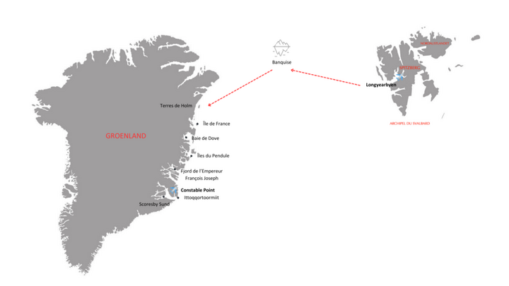 Routenkarte Spitzbergen - Grönland mit Latitude Blanche