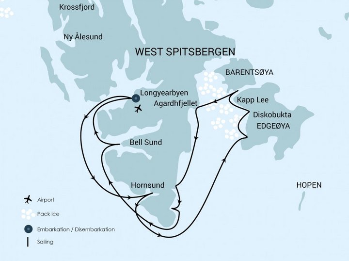 Routenkarte Hondius Expeditionskreuzfahrt Ostspitzbergen