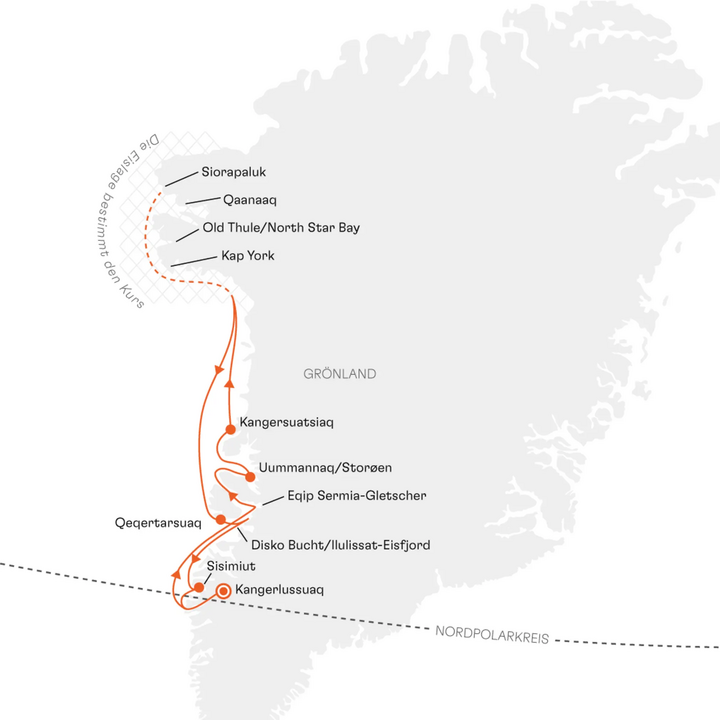 Routenkarte Reise Nordwestgrönland von Hapag Lloyd Cruises