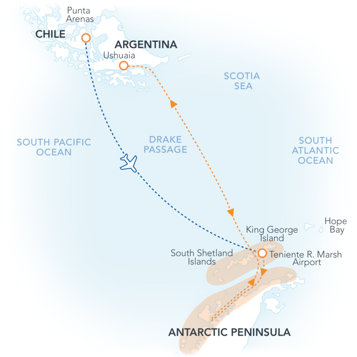 Routenkarte Ocean Nova für Fly-Sail Cruise von Punta Arenas nach Ushuaia