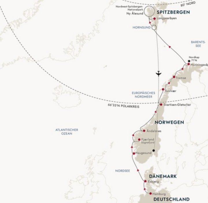 Routenkarte Frühling in der Arktis ab Hamburg