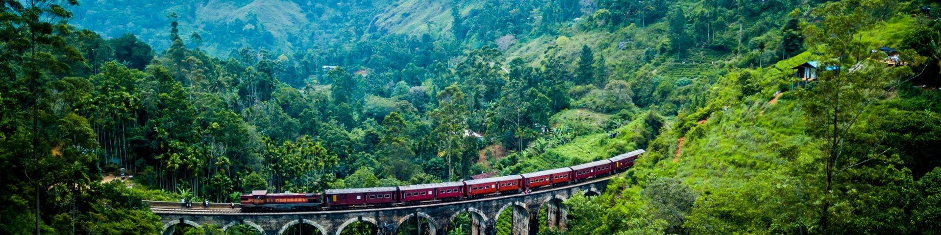 Zug auf der Nine Arches Brücke in Sri Lanka