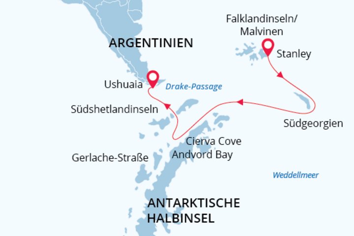 Routenkarte Reise Falkland-Südgeorgien-Antarktis