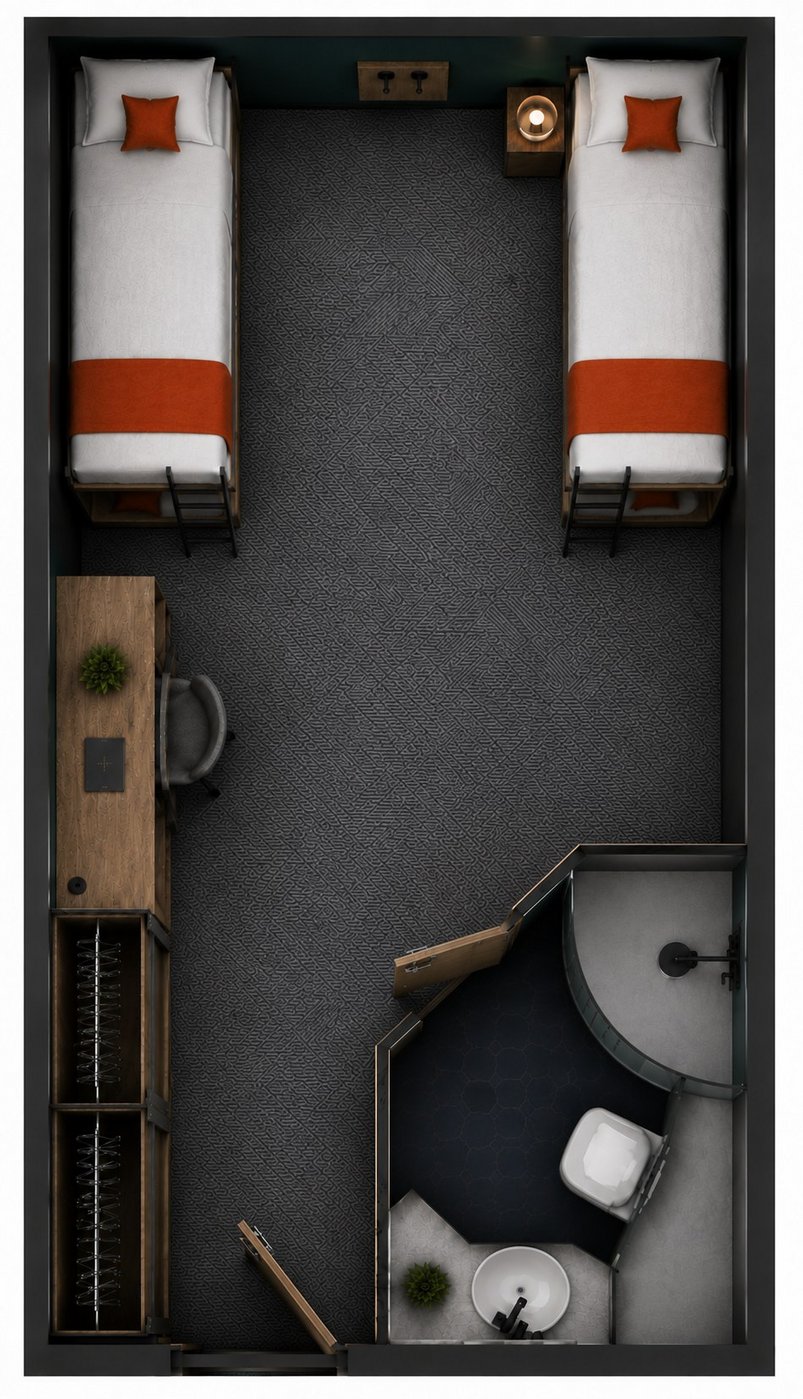 Layout der Vierbettkabine auf dem Expeditionskreuzfahrtschiff Adventurer Layout der Vierbettkabine auf dem Expeditionskreuzfahrtschiff Adventurer