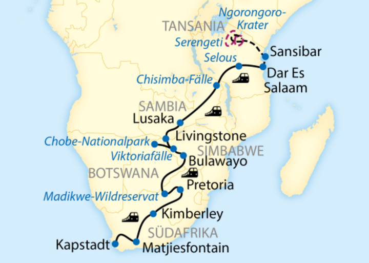 Routenkarte Zugreise von Kapstadt bis Dar Es Salaam