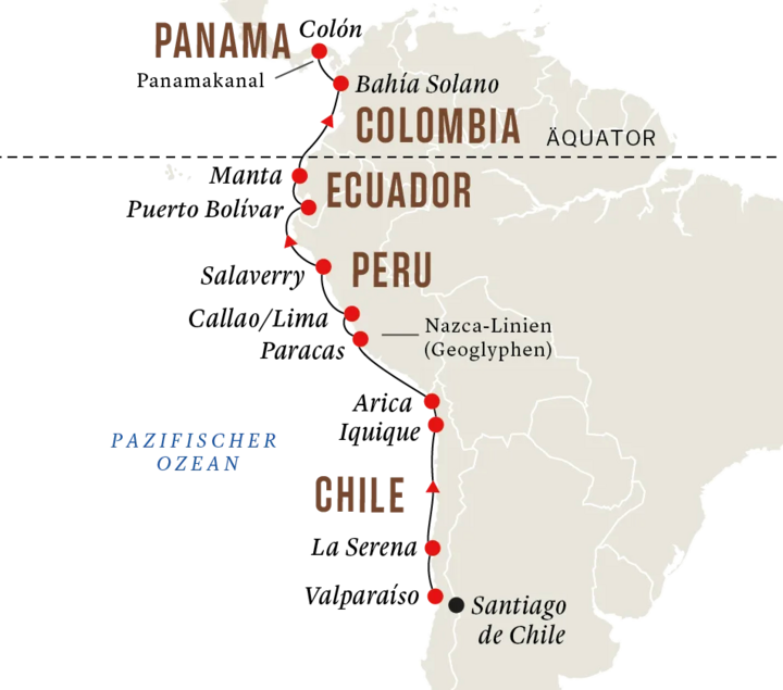 Routenkarte Chile - Panama mit FRAM