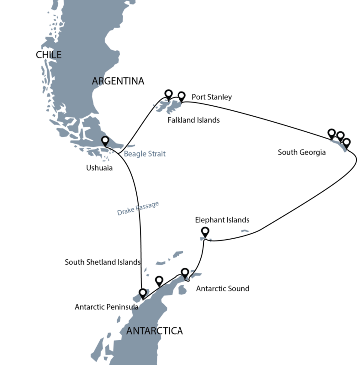 Routenkarte Albatros Expeditions Antarktika Südgeorgien Falkland