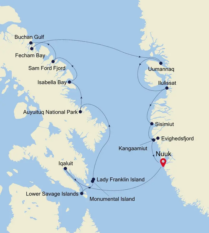 Reiseroute um die Baffin Bay mit Silversea