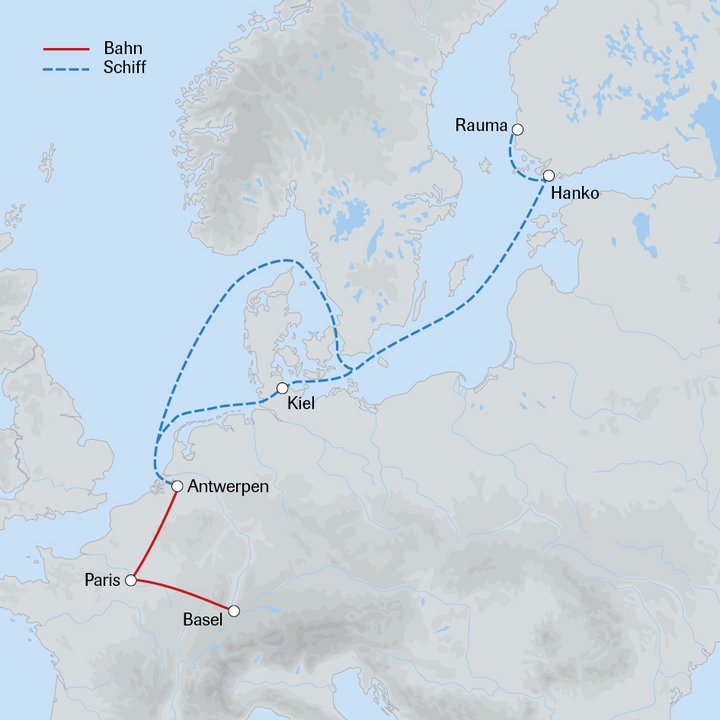 Routenkarte für Bahn- und Frachtschiffreise nach Finnland