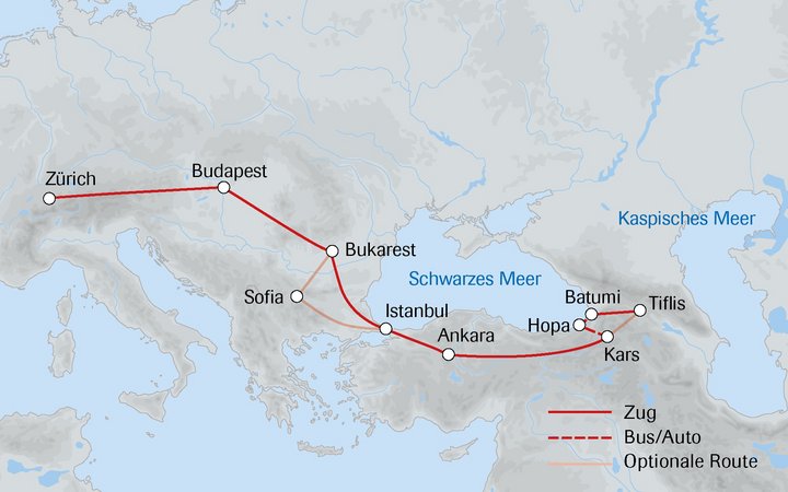 Routenkarte Schweiz - Istanbul - Georgien mit dem Zug Routenkarte Schweiz - Istanbul - Georgien mit dem Zug
