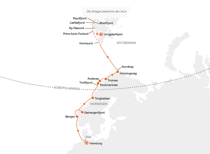 Routenkarte Expeditionskreuzfahrt Hamburg - Norwegen - Spitzbergen Routenkarte Expeditionskreuzfahrt Hamburg - Norwegen - Spitzbergen