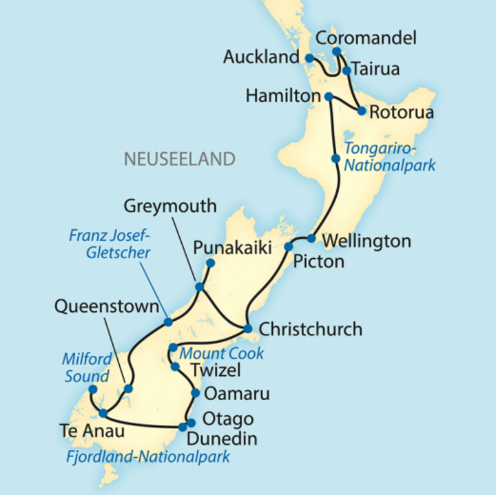 Routenkarte Neuseeland Bahnreise