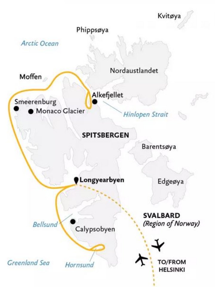 Routenkarte Spitzbergenreise mit Ocean Adventurer